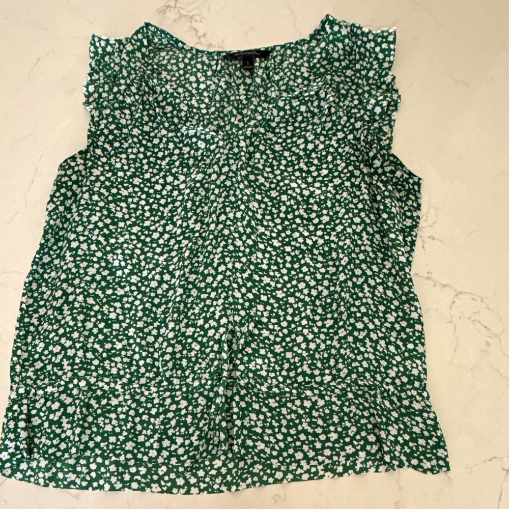 Banana Republic Green White Floral Ruffle Chiffon Sleeveless Blouse Size S